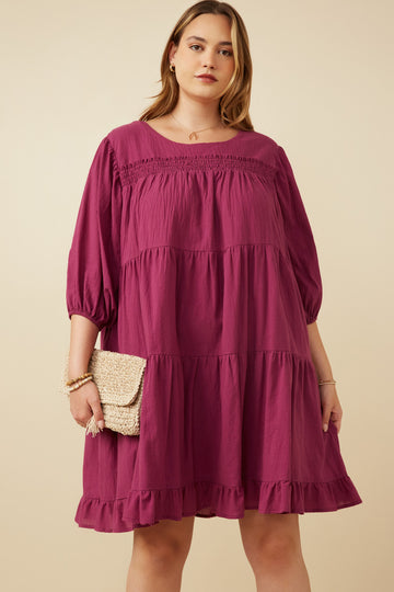 HY7465 Berry Womens Smocking Detailed Puff Sleeve Tiered Dress Front